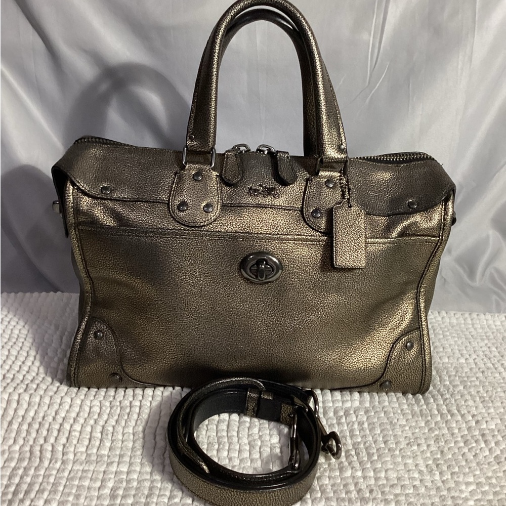 COACH Rhyder 33739 Metallic 2 Tone Leather Satchel Carryall Bag with Long Strap - Picture 2 of 12